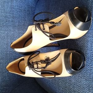 L.A.M.B. Platform peep toe sandals. Tan and black leather.  Size 8.5 B